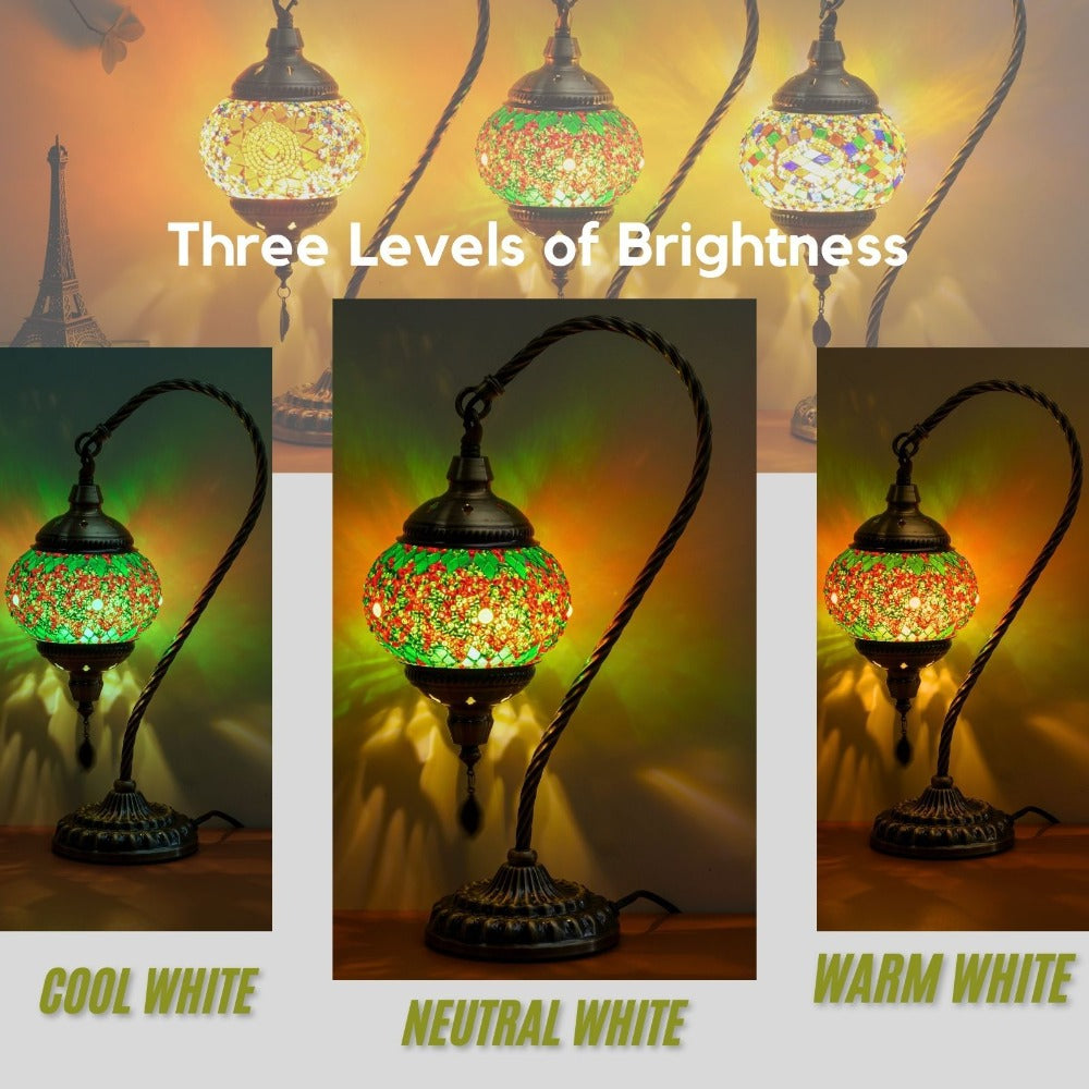 Mosaic Table Lamp Turkish Moroccan Style Handmade Swan Neck Glass Bedside Lamp 3 Color Modes LED Bulb Included Metal Base for Bedroom Living Room - product image 11