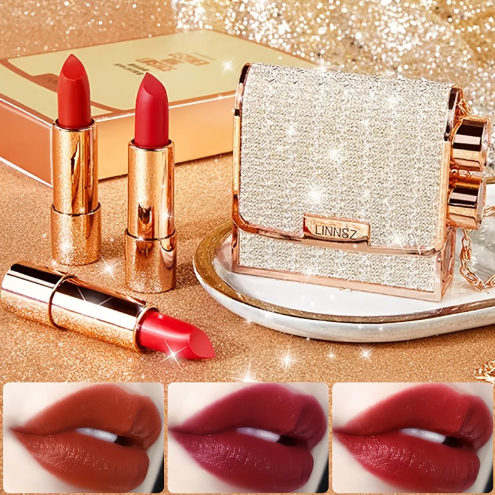 Matte Lipstick Gift Set 3 Pack Velvet Waterproof Long-Lasting Anti-Fading Intense Pigment Full Coverage Lip Color with Elegant Silvery Chain Bag for Women - product image