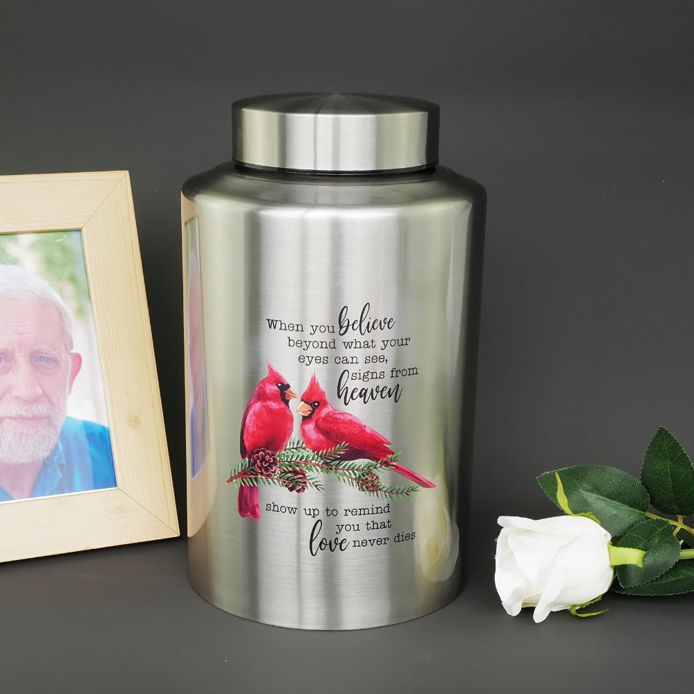 Cremation Urns for Human Ashes Large – Stainless Steel Memorial Urn Holds 220 lbs, Decorative Butterfly Cardinal Fairy Design, Screw Lid & Seal Ring, Velvet Pouch Included, Adult F - product image 5