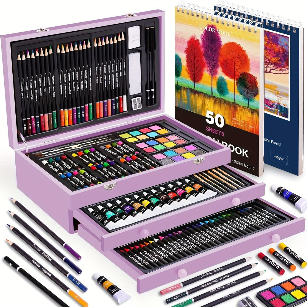 Drawing Pads Crayons Acrylic Paints Colored Pencils Complete Professional Art Kit Gift for Kids Teens Adults Birthday Christmas – 175-Piece Deluxe Art Set in Wooden Case