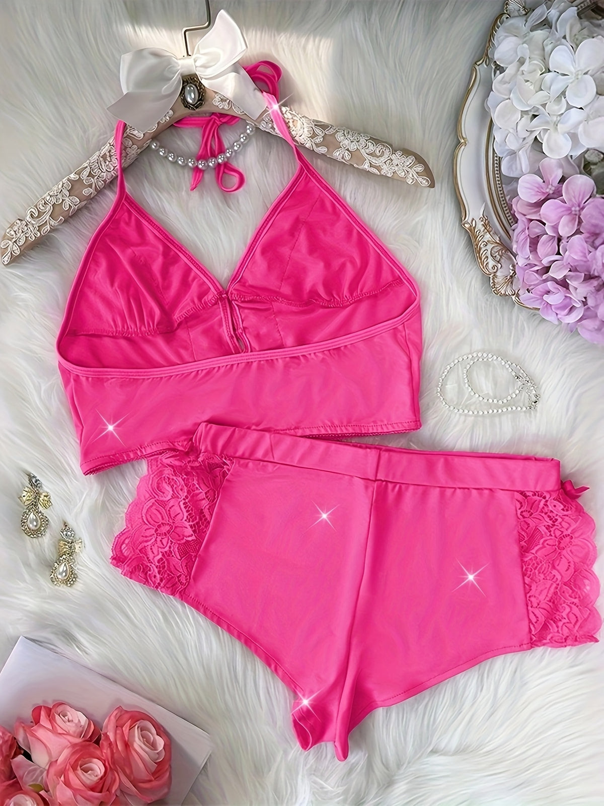 Solid Color Lace Splicing Halter Neck Tie Backless Button Splicing Bilateral Side Opening Lace Splicing Soft -friendly Sexy Home Pajamas Set - product image 27