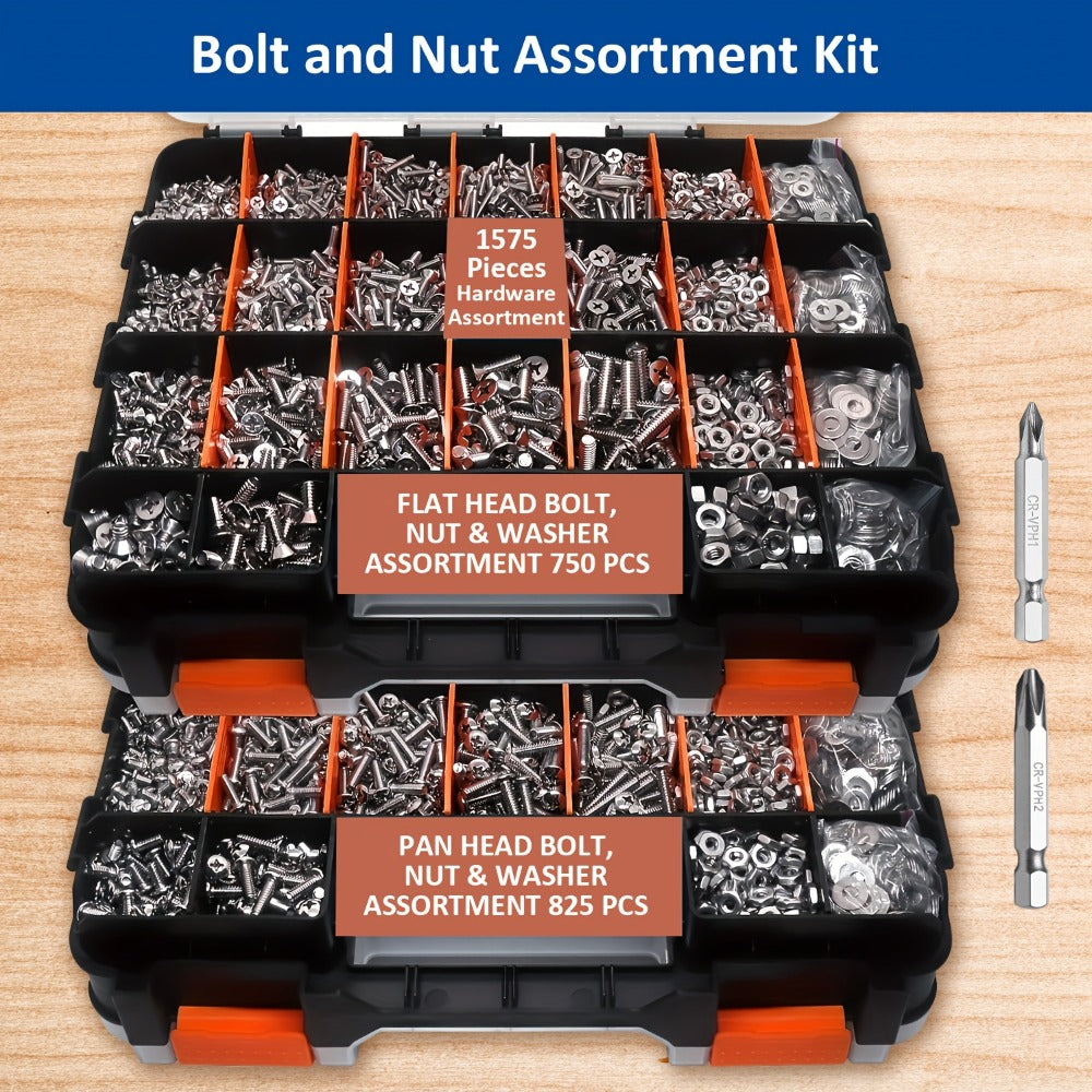 1575pcs 304 Stainless Steel Nuts and Bolts Assortment Kit – Pan Head Flat Head Screws Nuts Washers with Double-Sided Storage Box for Home & Mechanical Repairs - product image 15
