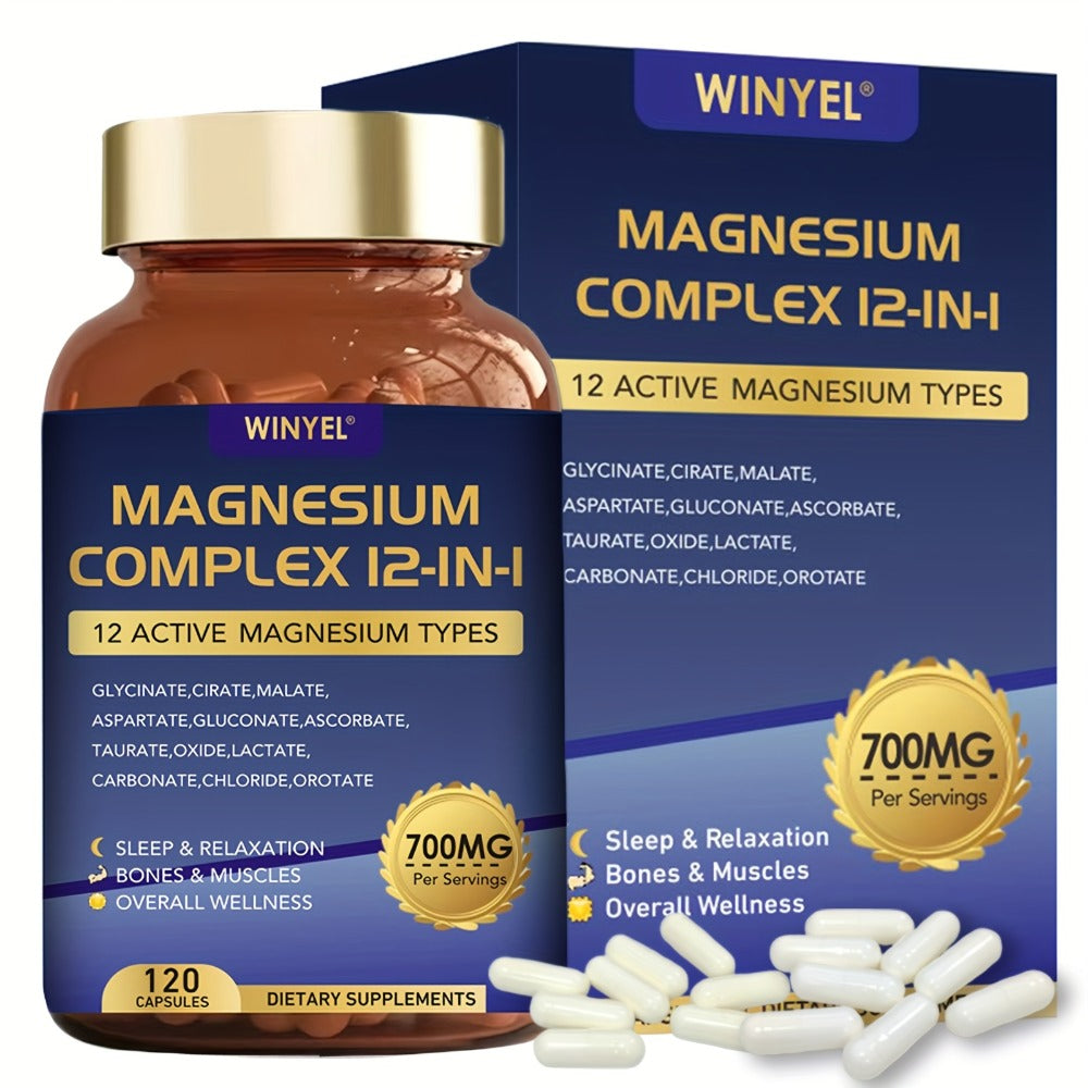 Magnesium Complex 700mg 12-in-1 120 Capsules with Glycinate, Citrate, Malate & Taurine for Sleep, Mood, Nerve, Heart & Muscle Function Support for Men & Women - product image