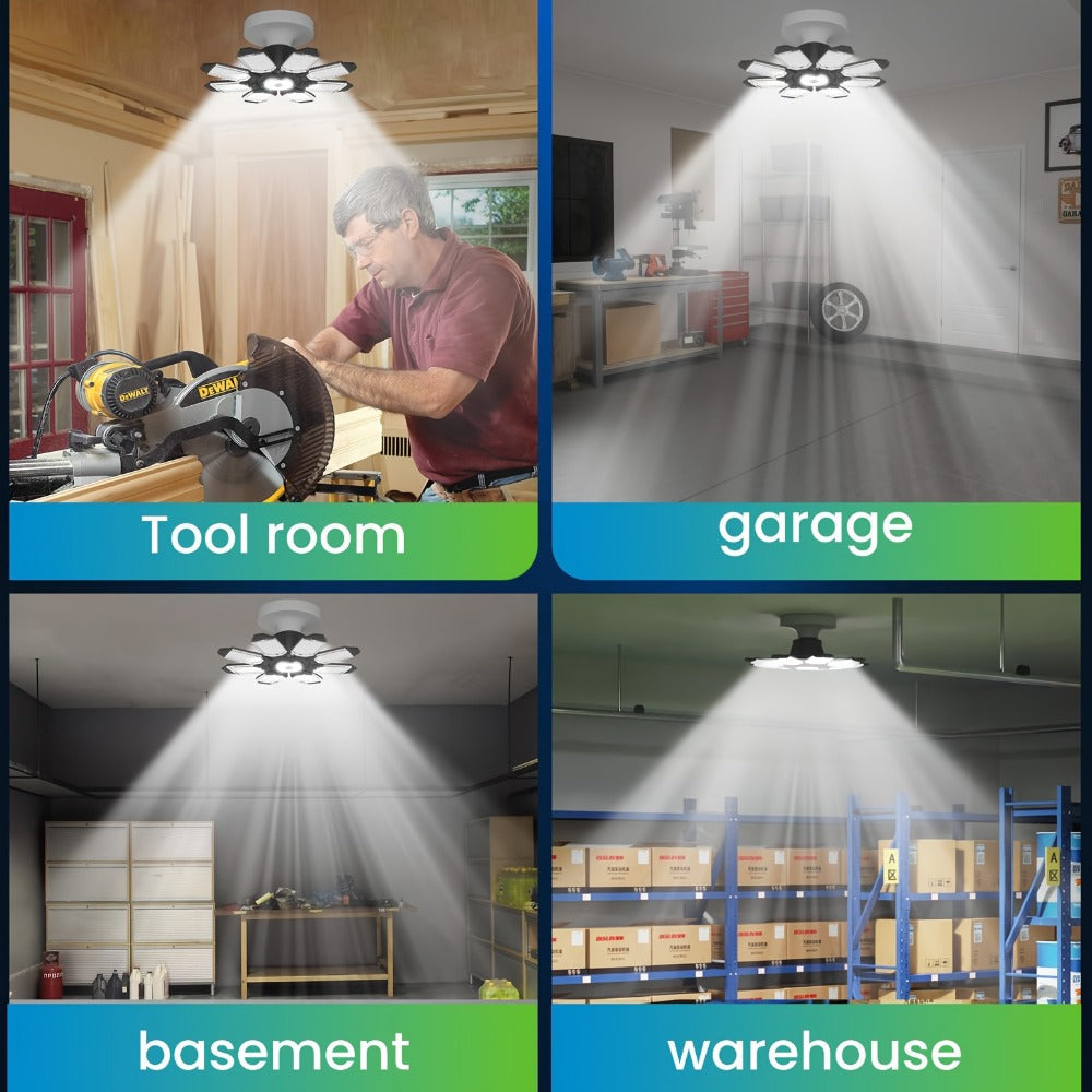 LED Garage Lights 25000LM Deformable – 250W Equivalent E26/E27 Screw-In Ceiling Shop Light with 6+1 / 8+1 Adjustable Panels for Garage, Basement, Attic & Warehouse (1, 2 or 4-Pack) - product image 11