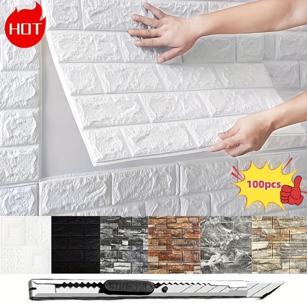 3D Foam Brick Wall Sticker 100 Pieces Self Adhesive Waterproof Soft Wallpaper Panel for Living Room Bedroom Bathroom Kitchen Home Decor White Rock Black Rock Red Marble Flower - product image