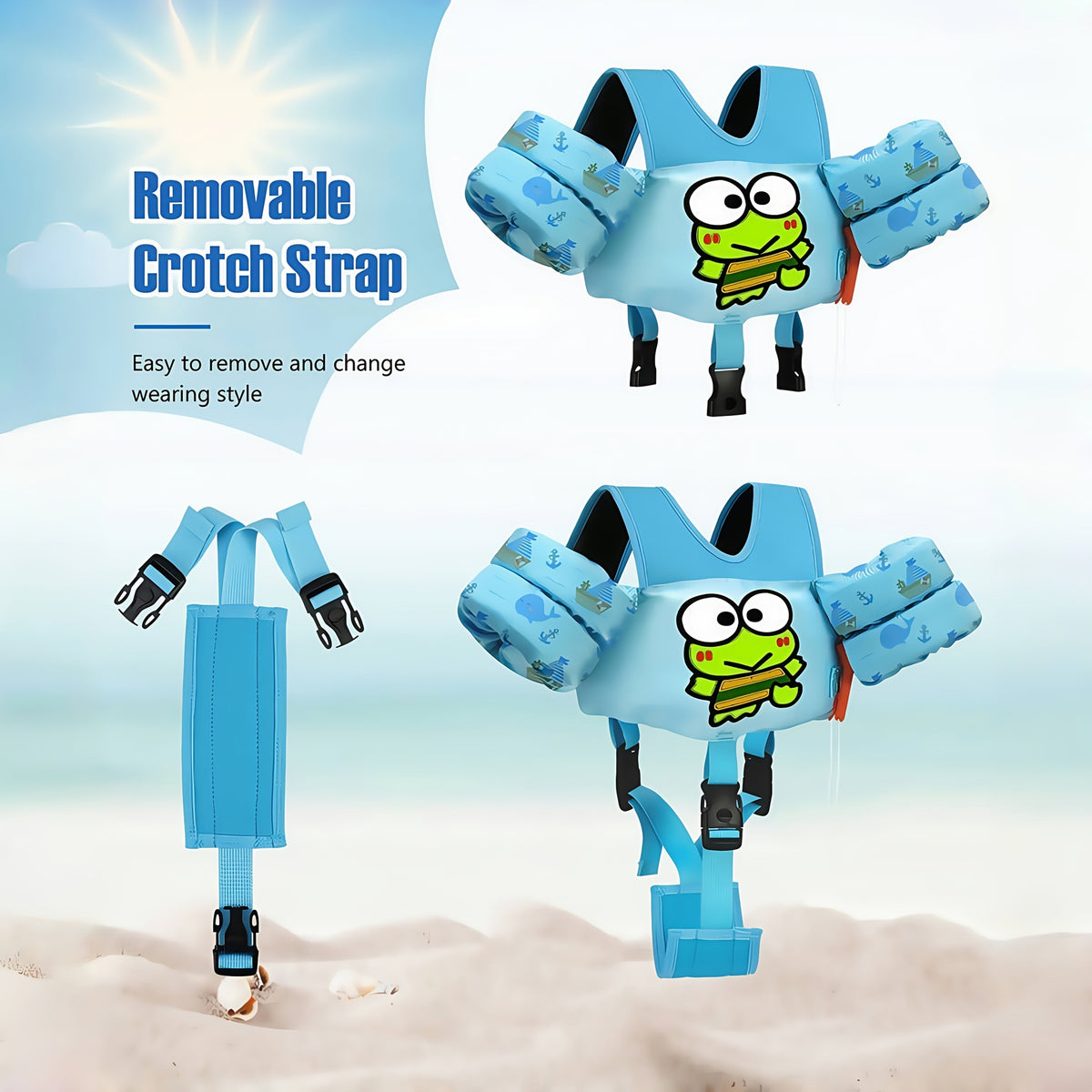 Kids Swim Vest Toddler Swimming Floatie Jacket with Adjustable Straps | Sanrio Keroppi Design, Nylon Material, Arm Floaties for Boys & Girls 20 | 66 lbs (Ages 2 | 9), Pool & Beach Learn-to-Swim