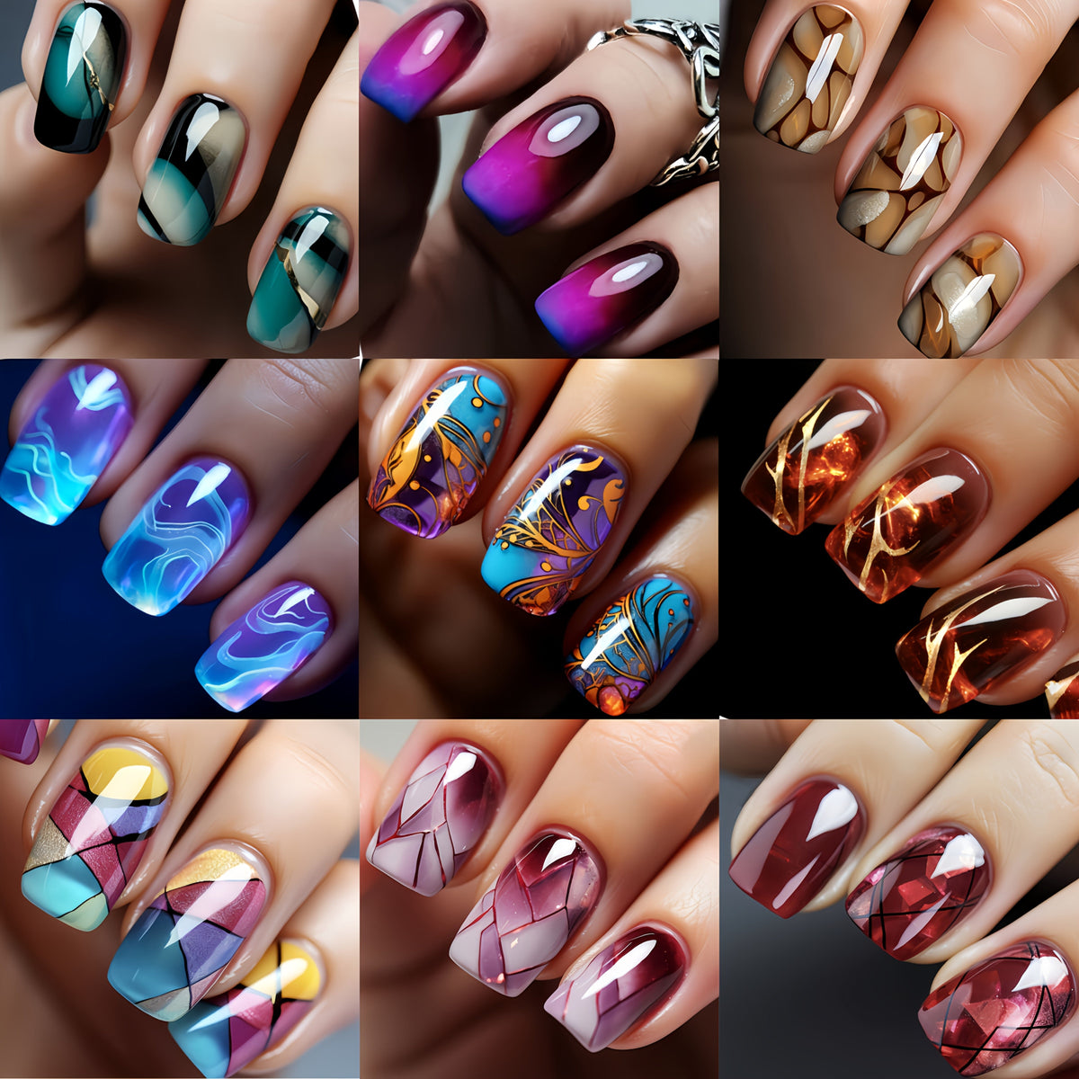 Marble Nails 216 Pieces 9 Packs Medium Square Glossy Press On Nails – Striped Gradient Flames Marble Designs Brown Blue Purple Reusable Full Cover Fake Nails for Women Girls - product image 6
