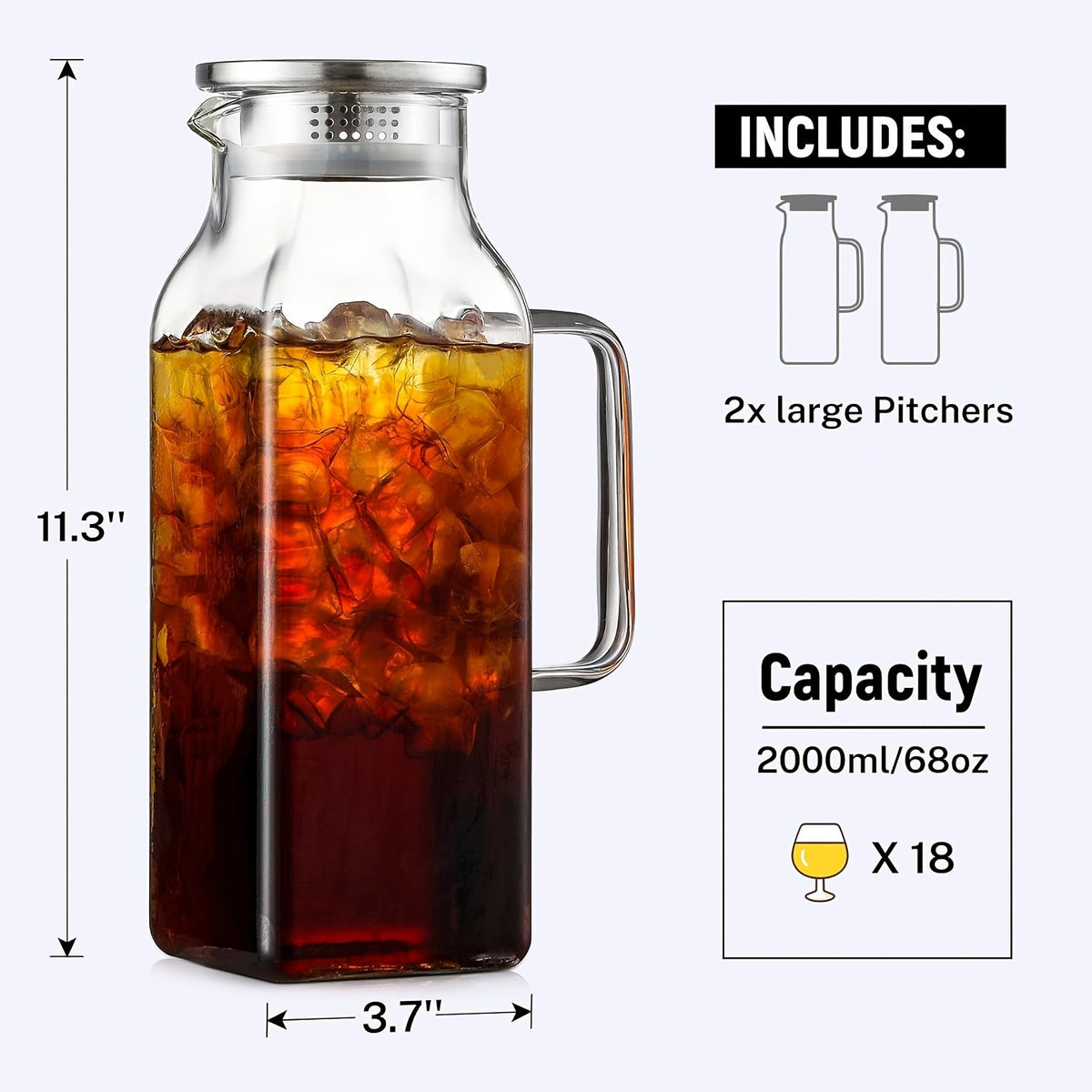 Glass Pitcher with Lid & Handle 68oz – Square Borosilicate Water Jug for Fridge – Heat Resistant Iced Tea Carafe, Cold Brew Coffee Server & Beverage Pitcher for Juice, Milk & Sangria