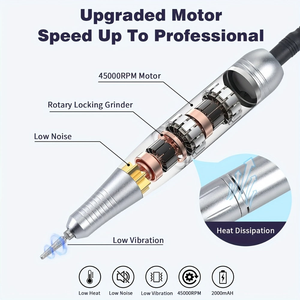 Low Noise Nail Drill Machine 45000RPM Rechargeable with LCD Display — Quiet Electric E-File for Gel Polish Acrylic Natural Nails, Professional Cordless Nail Sander for Home & Salon - product image 10
