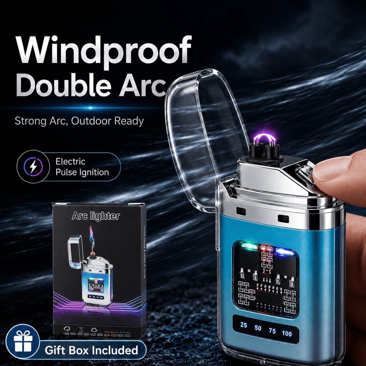 USB-C Rechargeable Plasma Lighter, Windproof Flameless Double Arc Electric Lighter with LED Battery Display, Transparent Portable Lighter for Candles, Camping - product image 7