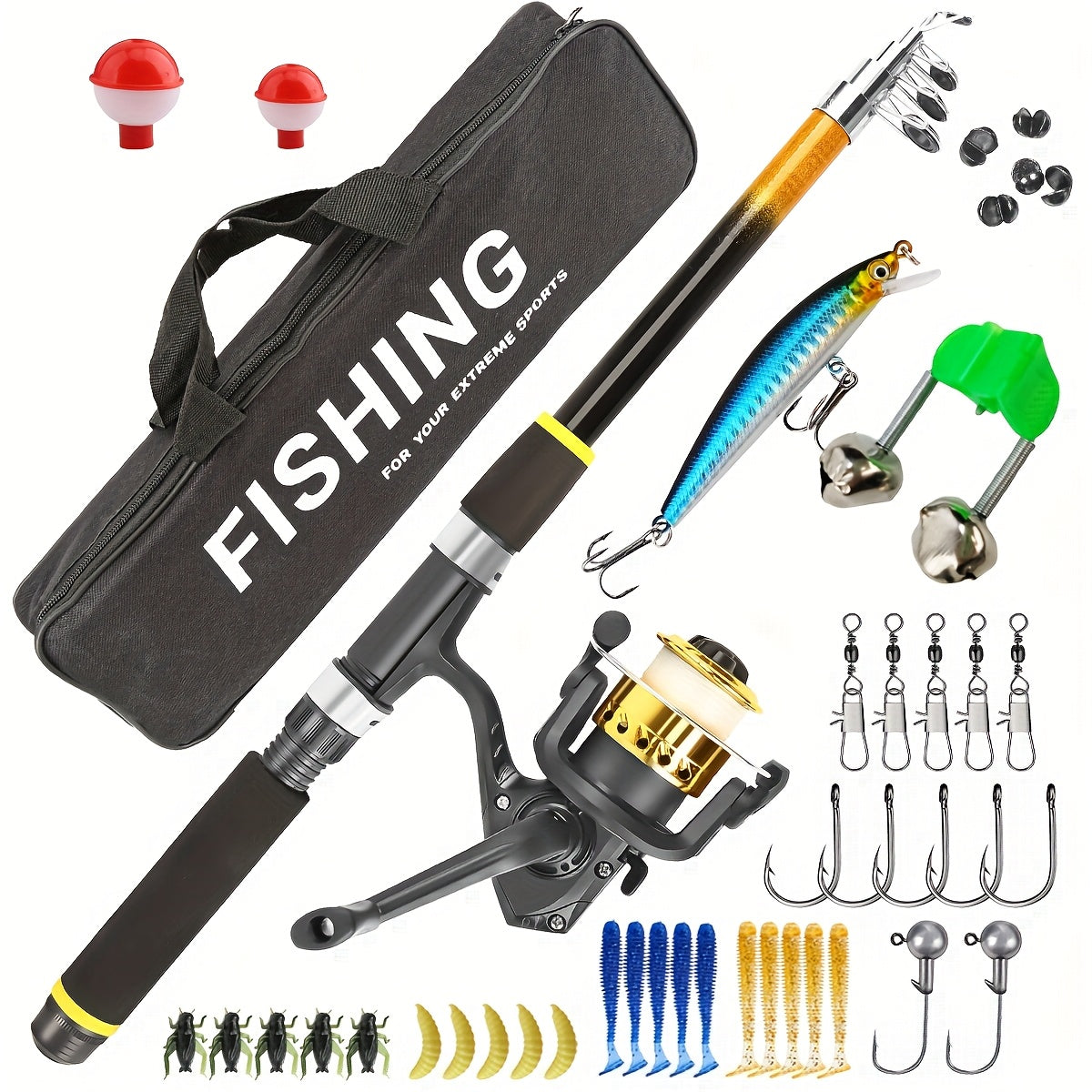 Medium-Fast Action Telescopic Fishing Rod with Line, Lures, Accessories Box & Carry Bag, Ambidextrous Design for Beginners – Baitcasting Rod and Reel Combo Set