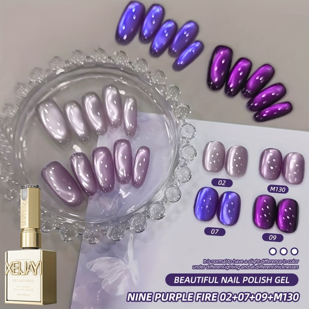 Cat Eye Gel Nail Polish Set 4pcs Purple Iridescent Glass Bead — Nine Purple Fire Aurora Shimmer UV LED Soak-Off Gel Polish for Women, Salon & Home DIY Nail Art Manicure Kit - product image 3