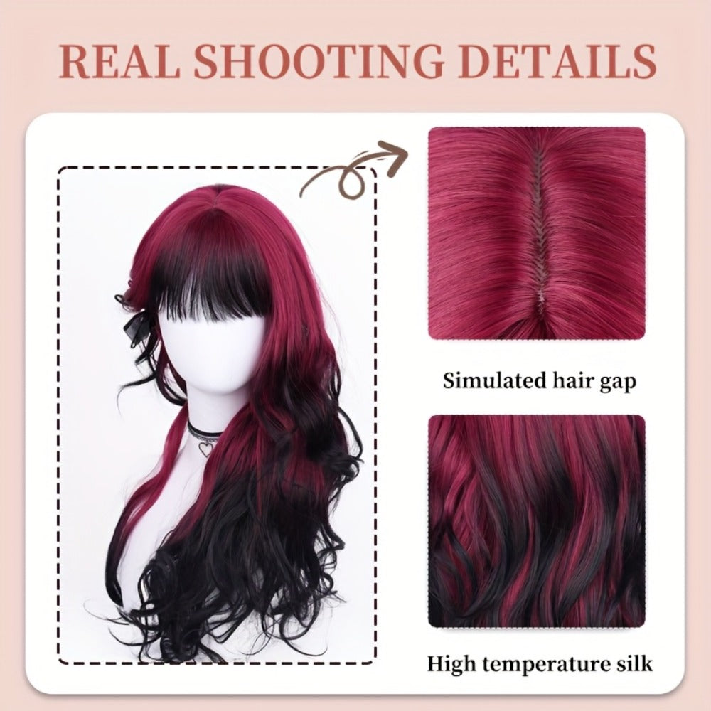 Long Curly Wig Black Red Highlights 28 Inch Wavy Synthetic Rose Net Cap Glamorous Voluminous Hair for Women Cosplay Party Halloween Daily Wear Fashion Statement - product image 2