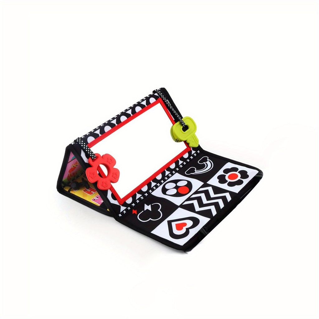 Double-Sided Tummy Time Floor Mirror with Teethers - Black & White High Contrast Baby Toys for Sensory Development, Crawling Aid with Interactive Animal & Geometric Patterns