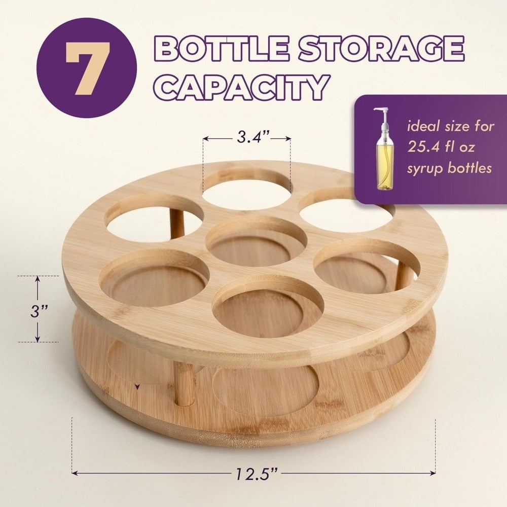 360 Rotating Bamboo Coffee Syrup Organizer 7-Bottle Holder Rack – Countertop Spice Condiment Storage Stand for Kitchen Bar Home Office Desktop Easy Assembly Scratch-Proof Base - product image 2