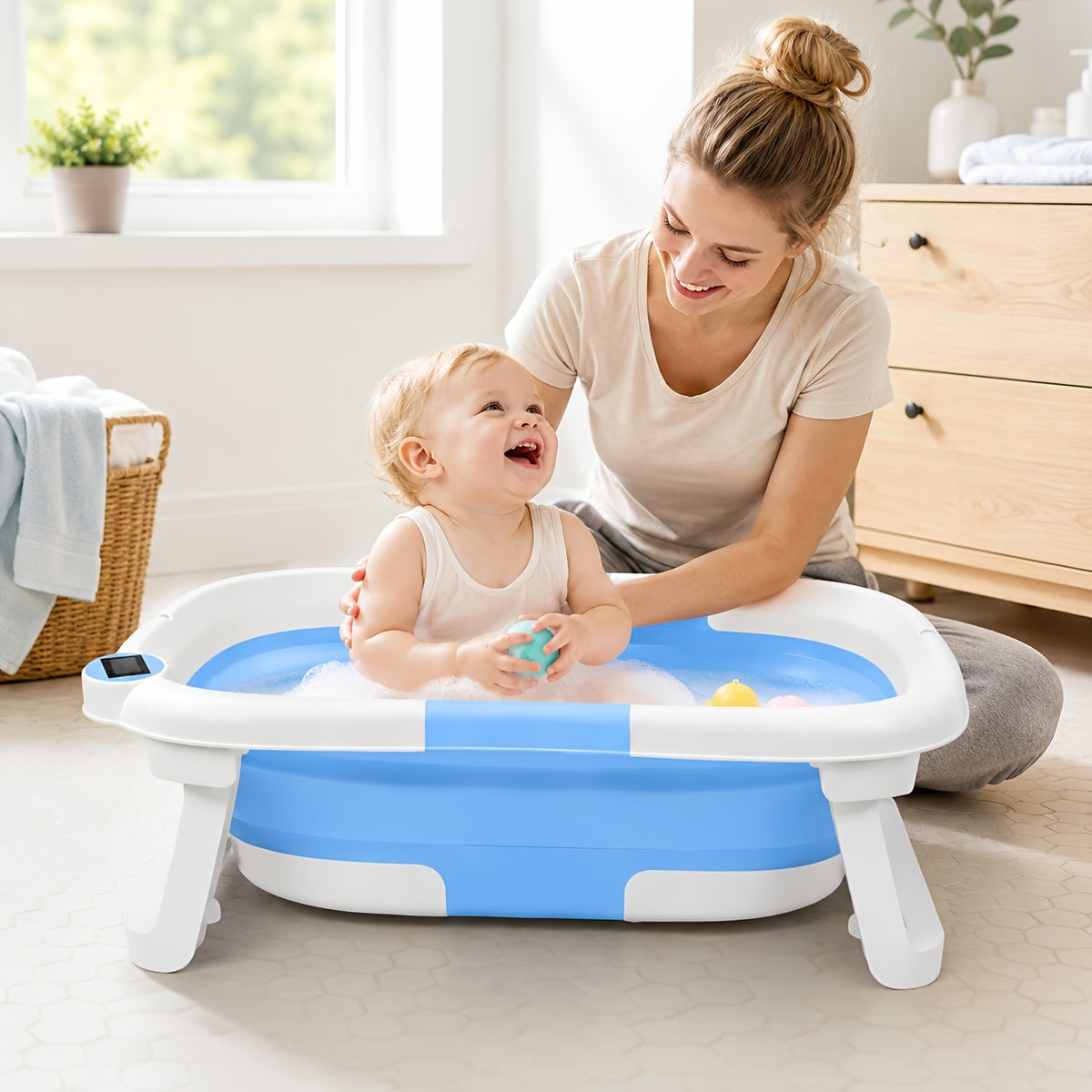 Foldable Baby Bathtub, Baby Tub with Soft Cushion and Thermometer, Portable Travel Baby Bathtub