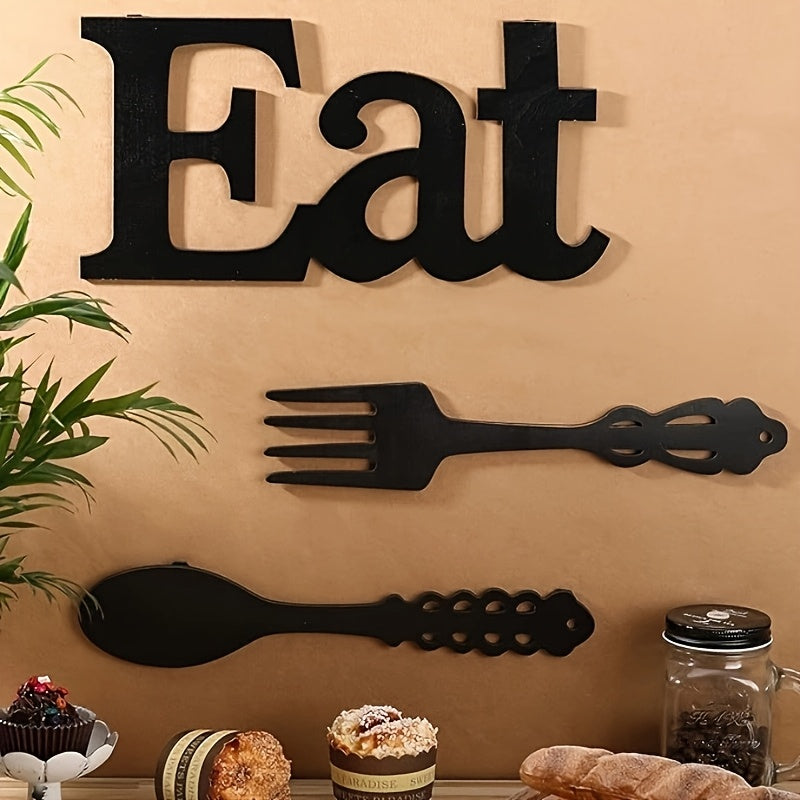 EAT Sign Wall Decor with Fork and Spoon | Rustic Wood Hanging Letters for Kitchen Dining Room | Country Farmhouse Wall Art Wooden EAT Decoration in Black - product image 6