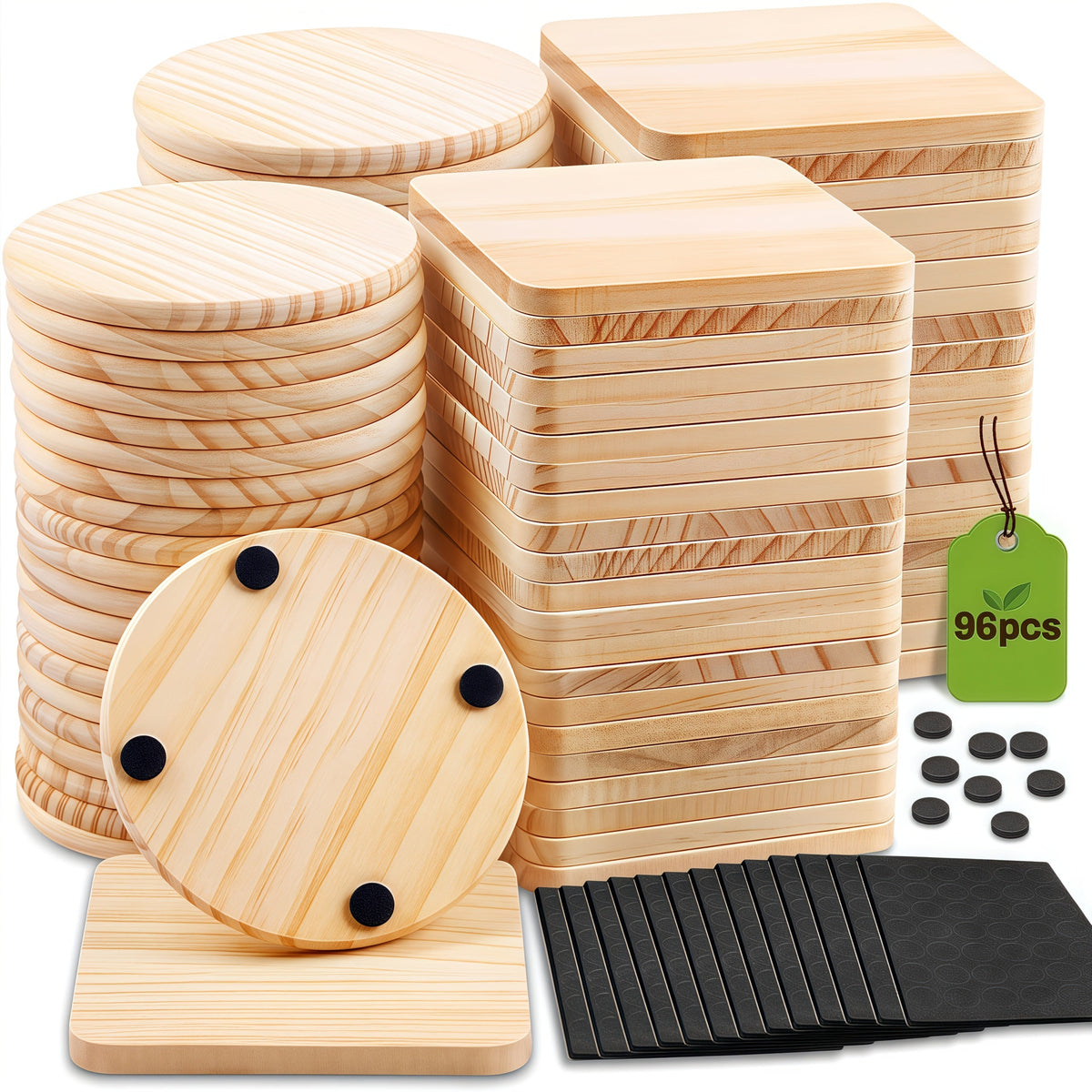 Unfinished Wood Coaster Blanks 4 Inch Round Square DIY Craft Supplies for Painting Engraving Burning with Non-Slip Felt Stickers Handmade Gift Home Decor Christmas Halloween Weddin - product image 18