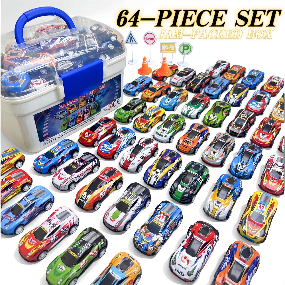 56 Mini Die-Cast Vehicles for Kids Boys Girls Ages 3+, Party Favors Birthday Christmas Gift – 64 Pcs Pull Back Toy Car Set with City Map, Traffic Signs - product image