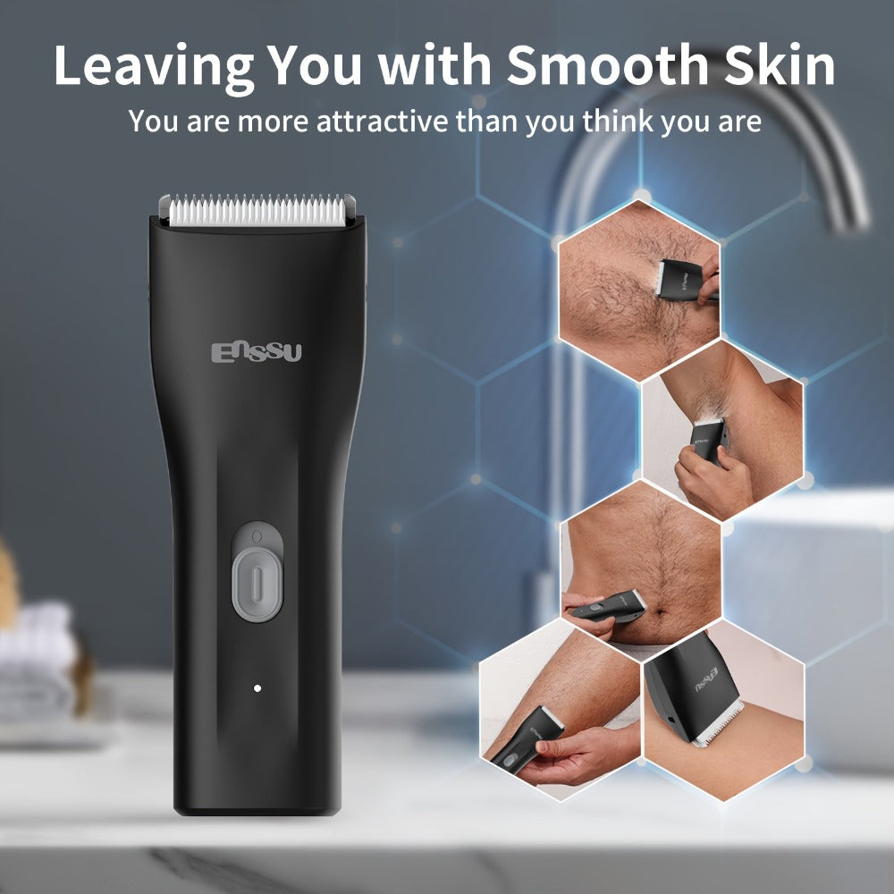 Manscaping Trimmer for Men IPX7 Waterproof Ceramic Blade Electric Groin & Pubic Body Hair Shaver – LCD Battery Display Replaceable Head Safe Grooming Tool, Black Blue White - product image 17