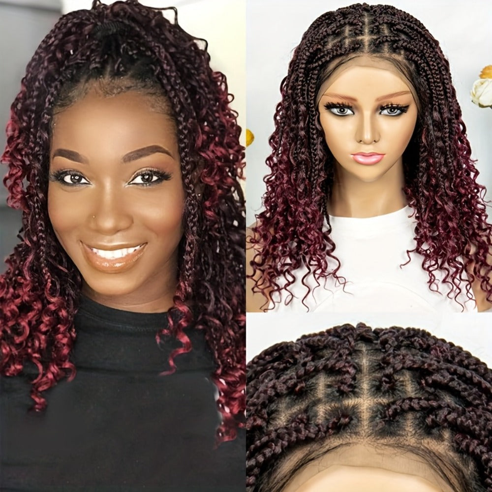 Goddess Braided Wig Knotless Bohemian Square Braid Full Lace Curly Wave 14-16 Inch Black Burgundy Brown Natural Hairline Protective Style Synthetic Wig for Women - product image 19