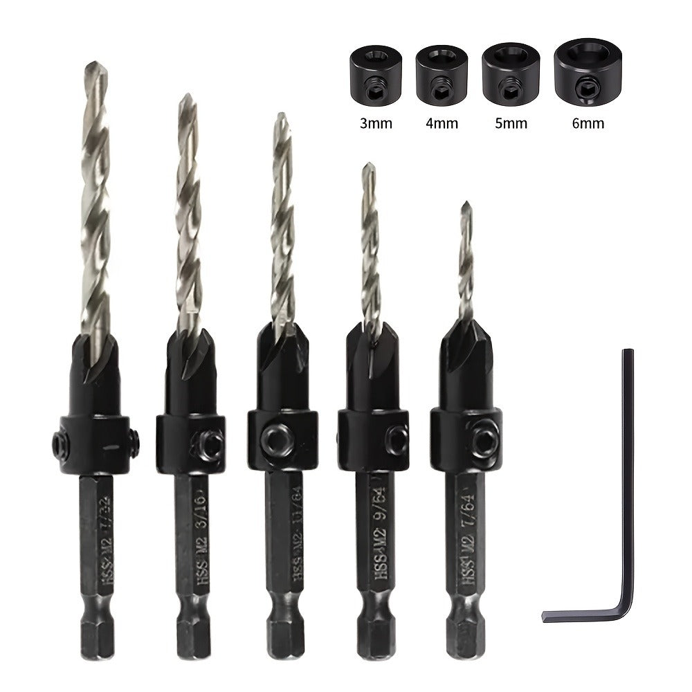 5pcs Countersink Drill Bit Set #4 #6 #8 #10 #12 Tapered with 1/4" Hex Shank Quick-Change – Adjustable Wood Counter Sinker Bits with Allen Wrench for Woodworking - product image 4