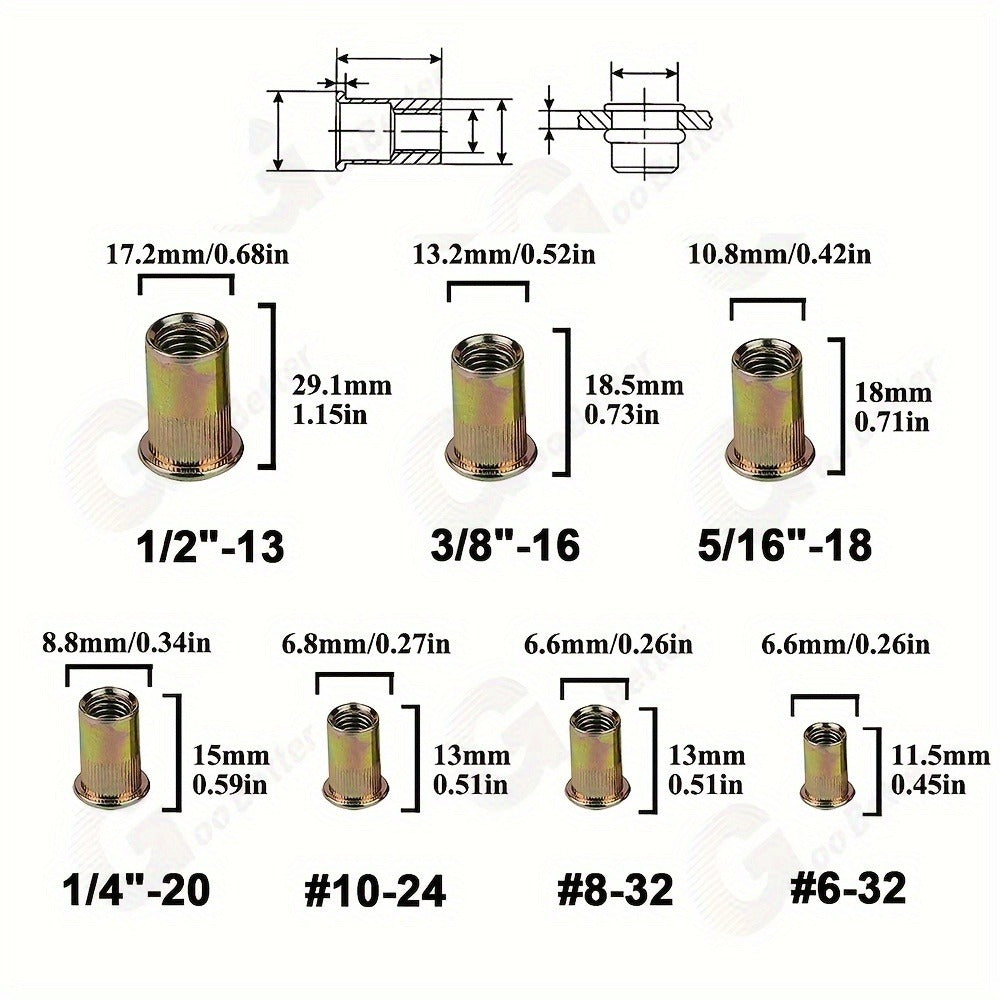 860pcs Rivet Nut Kit SAE UNC Assortment – Zinc Plated Carbon Steel Flat Head Insert Threaded Nuts 7 Sizes with Case for Auto Furniture & Industrial Projects - product image 3