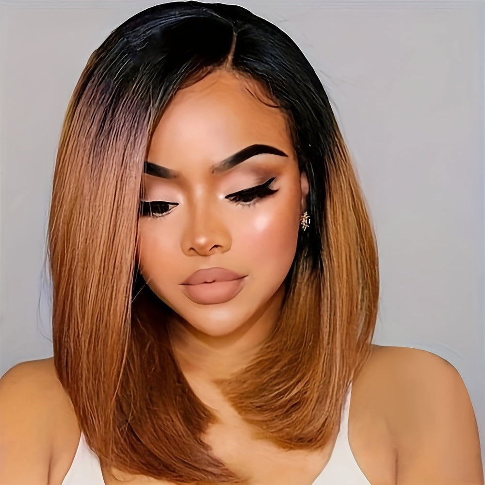 U Part 13x2 Lace Front Bob Wig Ombre Black Brown Straight Synthetic 12 Inch | Natural Hairline Lightweight Glueless for Women Daily Wear & Special Occasions - product image