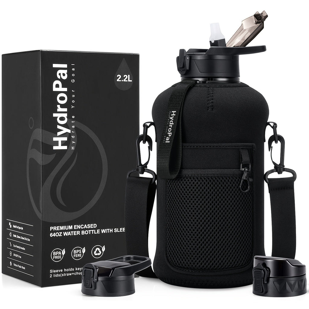 BPA-Free Large Sports Water Jug with Straw Lid, Chug Lid & Carry Strap, Big Gym Water Bottle with Handle for Daily Hydration | 74oz Half Gallon Water Bottle with Storage Sleeve & 2 Lids