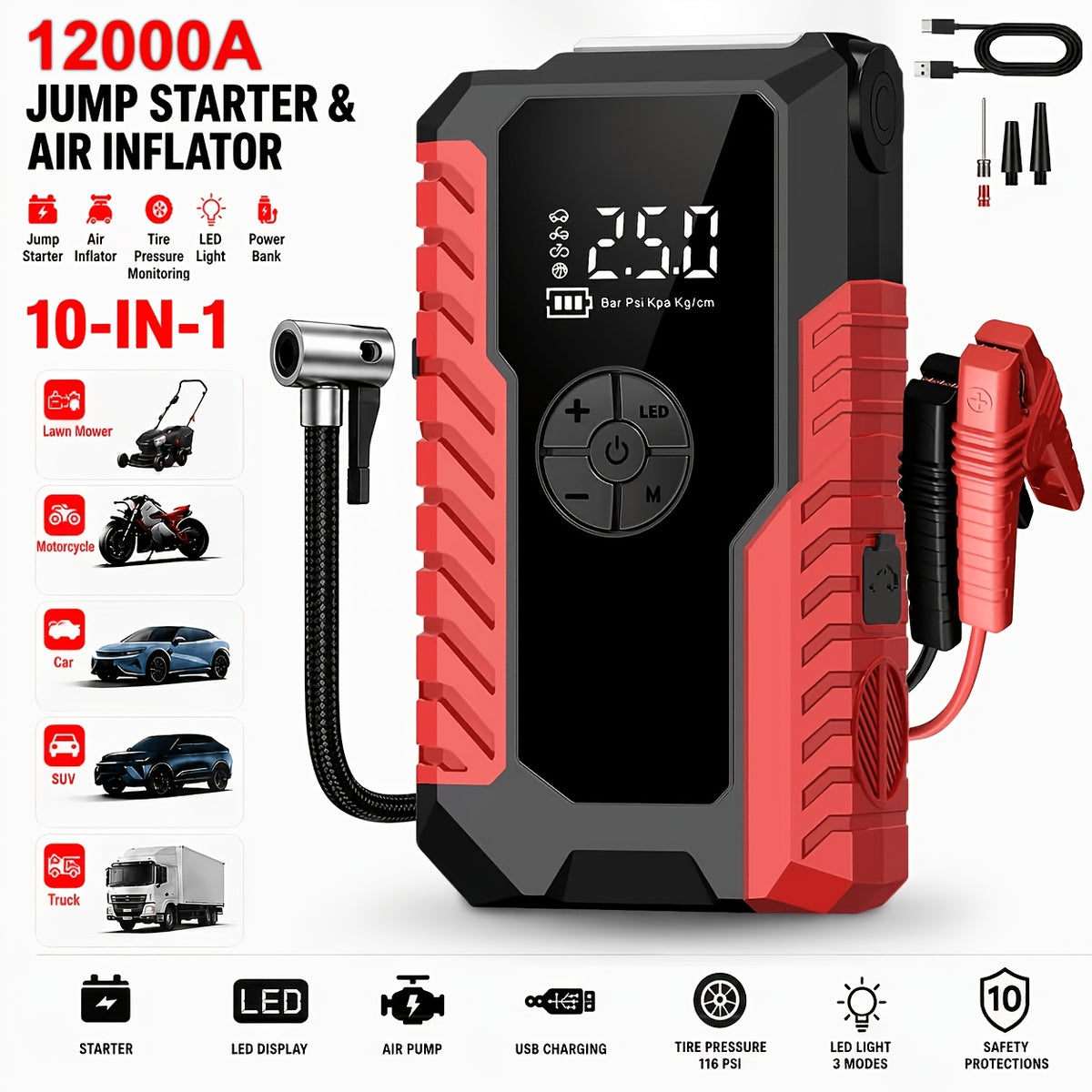 5-in-1/10IN1 Portable Car Battery Jump Starter With Tire Inflator 12V Fast Start, Battery Boost, USB I/O, LED Emergency Light, Reliable Power - product image 2