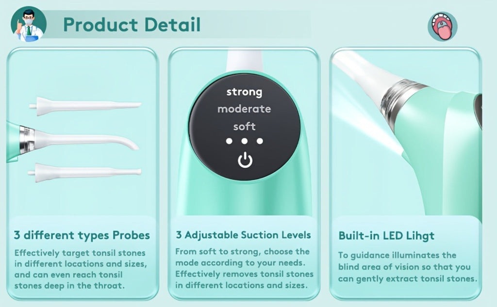 Tonsil Stone Remover Electric Vacuum Kit with LED Light – 3 Suction Modes 5X Magnifying Mirror Oral Irrigator Safe Gentle Tonsillolith Removal Tool for Adults at Home Use Rechargea - product image 15