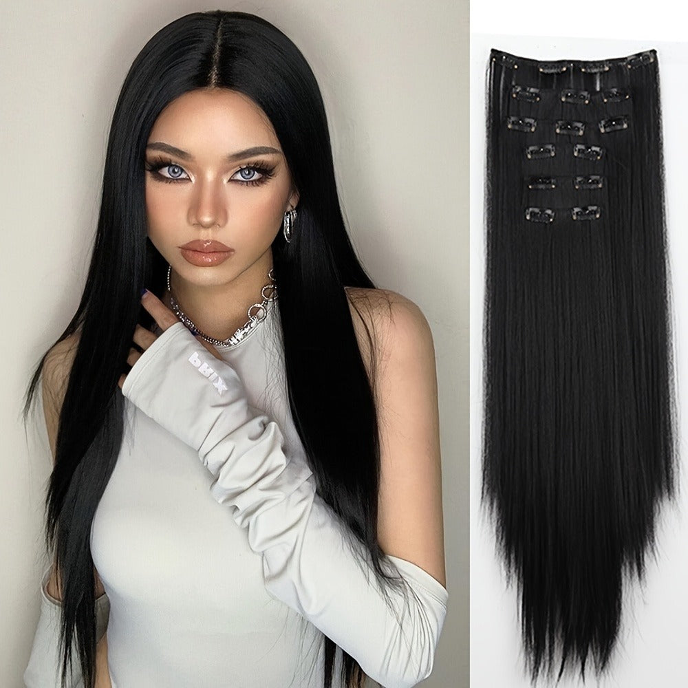 Clip In Hair Extensions Synthetic 6pcs 24 Inch Black Gray Heat Resistant Volume Boosting Hairpiece for Women Daily Wear Halloween Costume Party Cosplay - product image 3