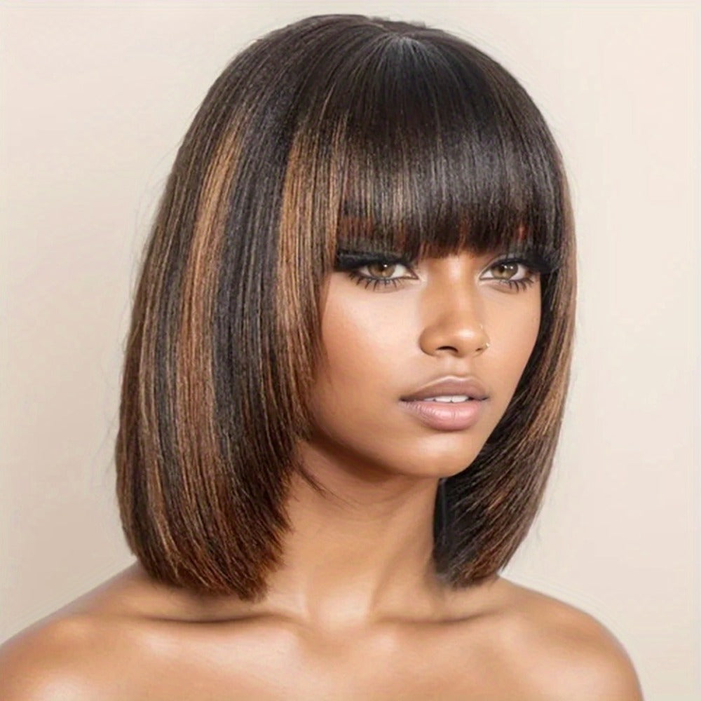 Straight Bob Wig with Bangs Human Hair 3x1 Lace Part Pre-Plucked Glueless Brazilian Short Bob 150 Density 1B/30 Highlight Natural Black 10-12 Inch Women - product image