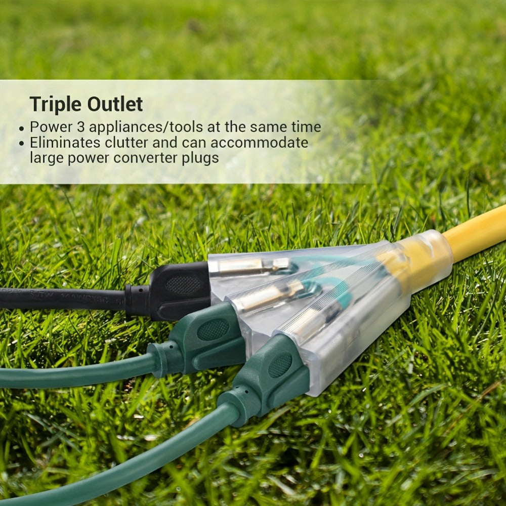 Extension Cord 25FT Heavy Duty Outdoor Indoor 14/3 SJTW Yellow 3-Outlet Tri-Tap Splitter with LED Lighted Plug 15A 1875W Grounded Power Cord for Workshop Garage Job Site Constructi - product image 5