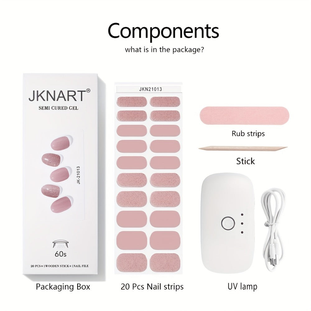 Gel Nail Art Kit Semi-Cured Nail Stickers 20 Designs with Portable UV Lamp Full Coverage Soft Gel Nail Patches Nude Nail Wraps for Women Party Birthday Gift Home Manicure - product image 11