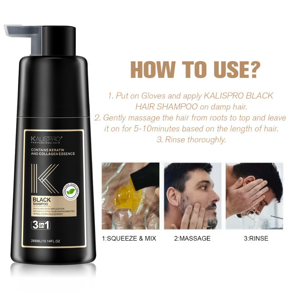 Men's 3-in-1 Black Hair & Beard Dye Shampoo — 8-Minute Gray Coverage, Ammonia-Free Long-Lasting Natural Color, Shampoo + Hair Dye + Beard Dye in One Step, All Hair Types, 10 oz, 1  - product image 2
