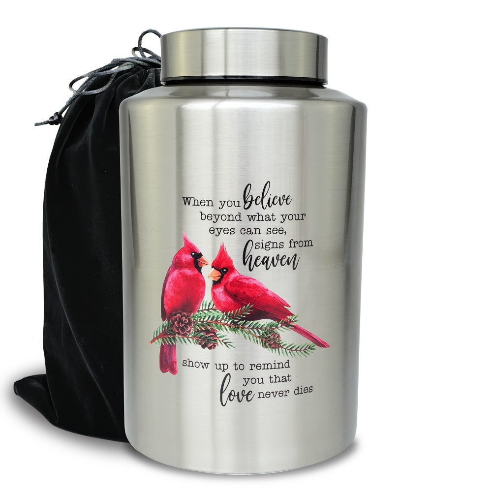 Cremation Urns for Human Ashes Large – Stainless Steel Memorial Urn Holds 220 lbs, Decorative Butterfly Cardinal Fairy Design, Screw Lid & Seal Ring, Velvet Pouch Included, Adult F - product image 4