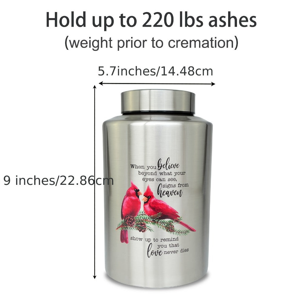 Cremation Urns for Human Ashes Large – Stainless Steel Memorial Urn Holds 220 lbs, Decorative Butterfly Cardinal Fairy Design, Screw Lid & Seal Ring, Velvet Pouch Included, Adult F - product image 3