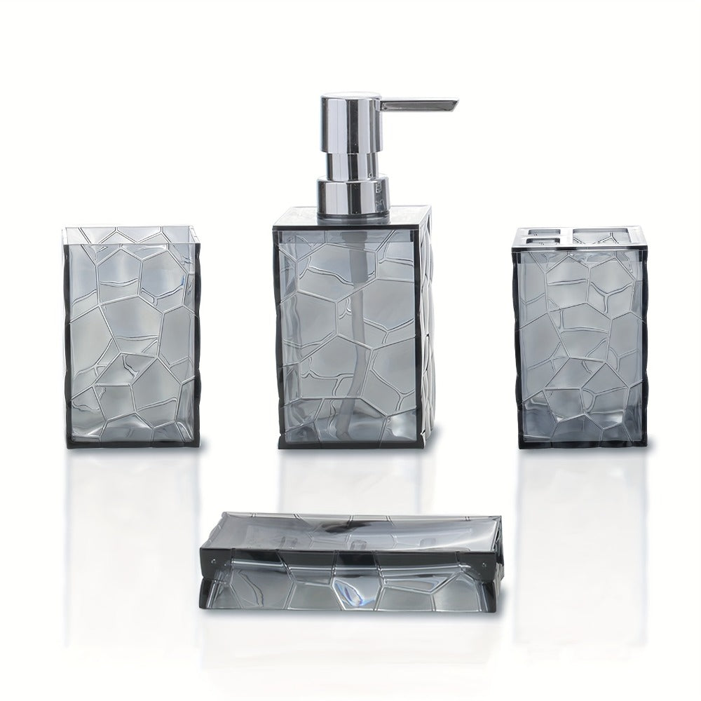 Bathroom Accessories Set 4-Piece Diamond Grid Plastic Organizer Soap Dispenser Toothbrush Holder Grey Blue Green - product image 3