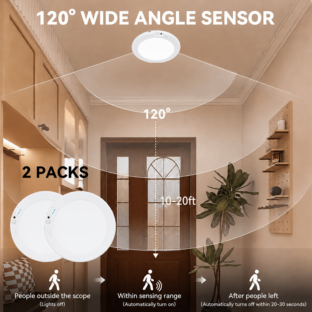 2pcs Rechargeable LED Induction Ceiling Light, 3-speed Lighting Mode, Motion Sensor With Remote Control, Magnetic Design, Easy Installation, 5500mAh Large - product image