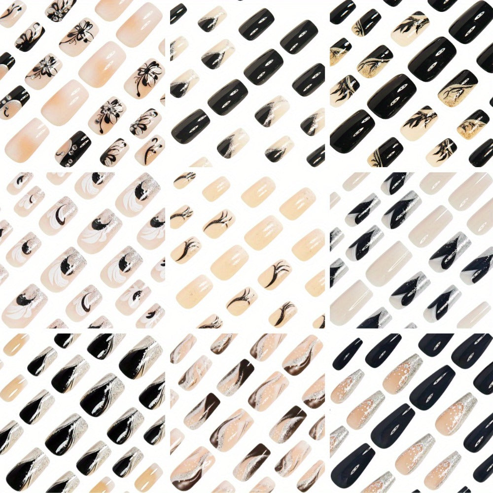 Black White Square Press On Nails 216 Pieces 9 Packs – 3D Butterfly Floral Fox Tail Glitter Marble Geometric Designs | Glossy Full Cover Acrylic Nails with Jelly Glue & File for Wo - product image 4