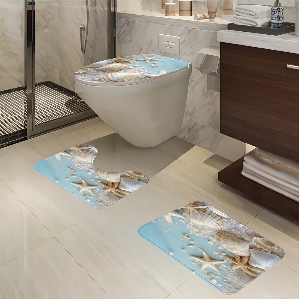 Shower Curtain Set Sea Star Shell Design Polyester with 12 Hooks Non-Slip Bath Mat U-Shaped Toilet Pad Lid Cover Bathroom Decor Set - product image 7