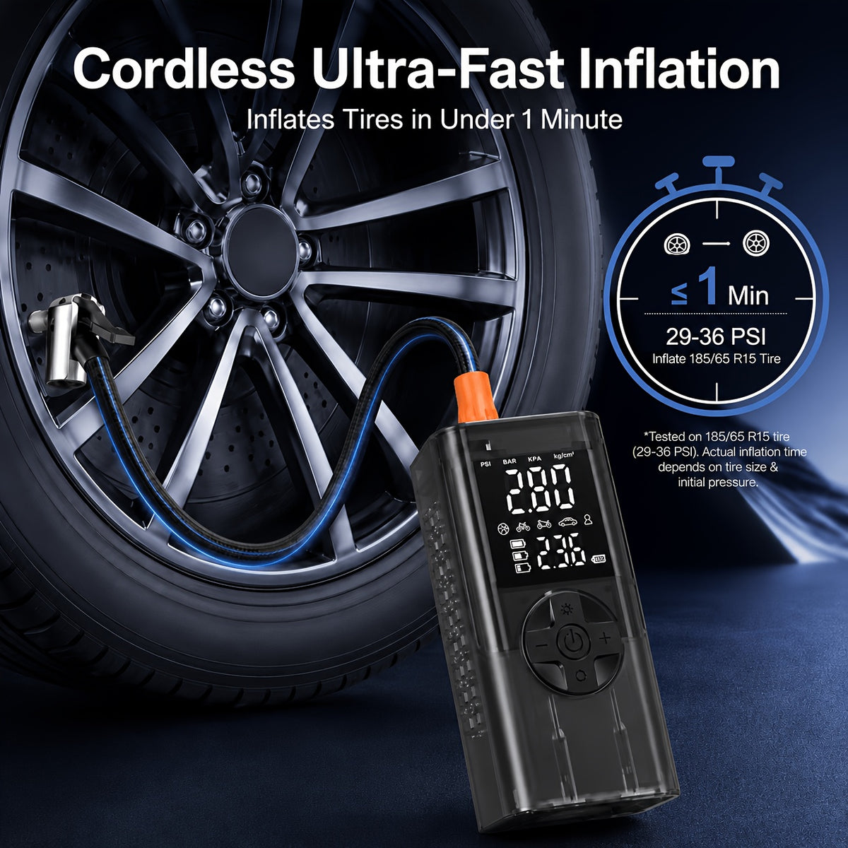 Portable Tire Inflator with Digital Pressure Gauge, Portable Air Compressor, 150PSI/210 PSI, 22 Cylinders, Built-In 12V Car Emergency Jump Starter and Battery - product image 9