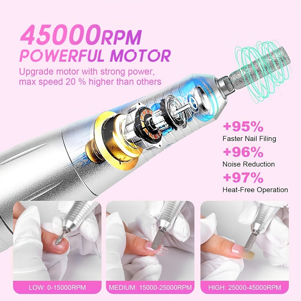 Nail Drill Machine 45000 RPM Brushless Motor 10-Hour Battery Electric Nail File with LCD Smart Screen 6 Drill Bits 6 Sanding Bands – Forward Reverse Low Noise Nail Grinder for Gel  - product image 5