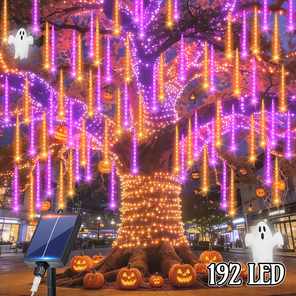 1 Pack, 8-tube 192LED Outdoor Meteor Shower Christmas Light, Solar Powered Rain Light, IPX4, Light Source Sensing, Automatic Switch, Suitable For Courtyard, Party, Thanksgiving, Halloween, Christmas Decoration Lights, Anniversaries