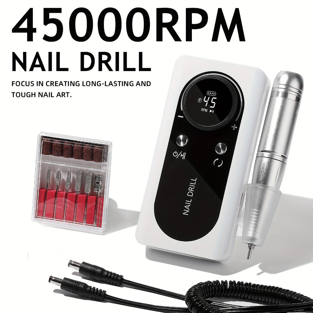 Nail Drill Machine 45000 RPM Brushless Motor 10-Hour Battery Electric Nail File with LCD Smart Screen 6 Drill Bits 6 Sanding Bands – Forward Reverse Low Noise Nail Grinder for Gel  - product image 9