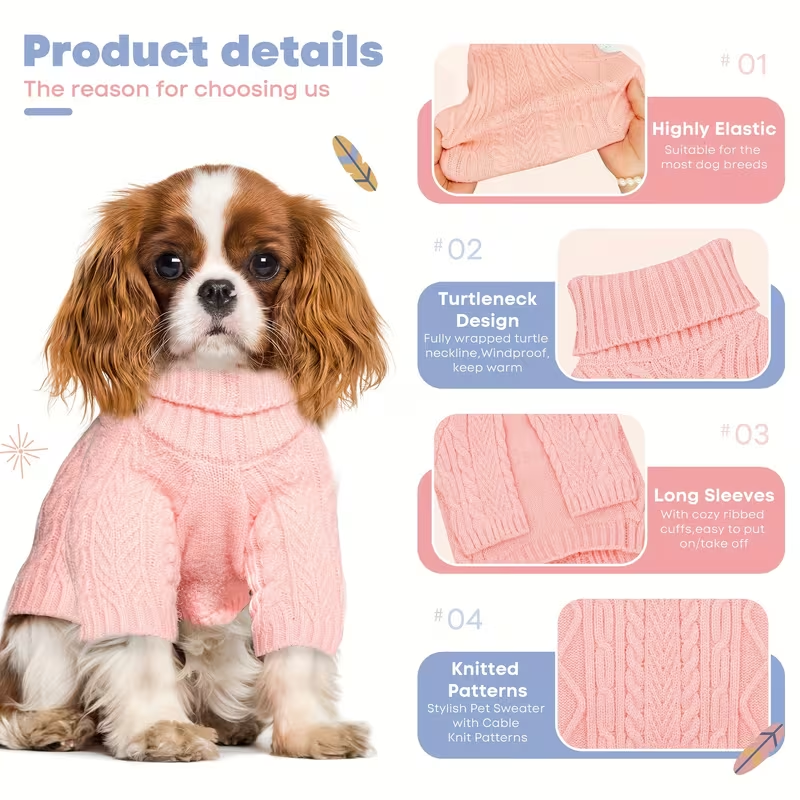 Dog Sweater Turtleneck Warm Knit Pullover with Soft Long Sleeves for Small Medium Breeds | Pink Violet Light Purple Light Green Greenish Yellow | All-Season - product image 6