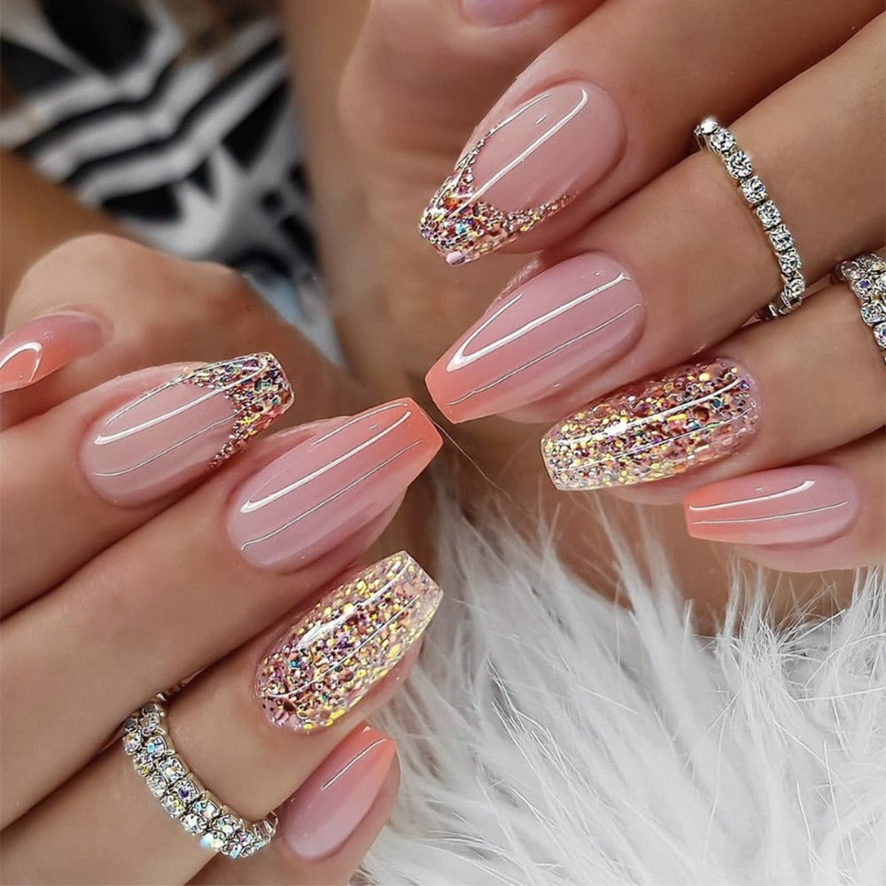 Glitter Sequin Press On Nails 120pcs Coffin Medium Length 5 Packs – Sparkling Pinkish Purple Glossy Full Cover False Nails | Glamorous Nail Art Kit for Women | Party Wedding Bridal - product image 4