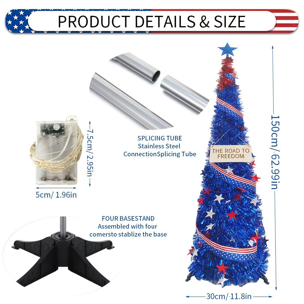 4th of July Decorative Tree 5ft LED Light, Foldable Patriotic Stars & Stripes Blue Christmas Tree with Red White Blue LED String Lights, Independence Day Party Decoration & Summer  - product image 4