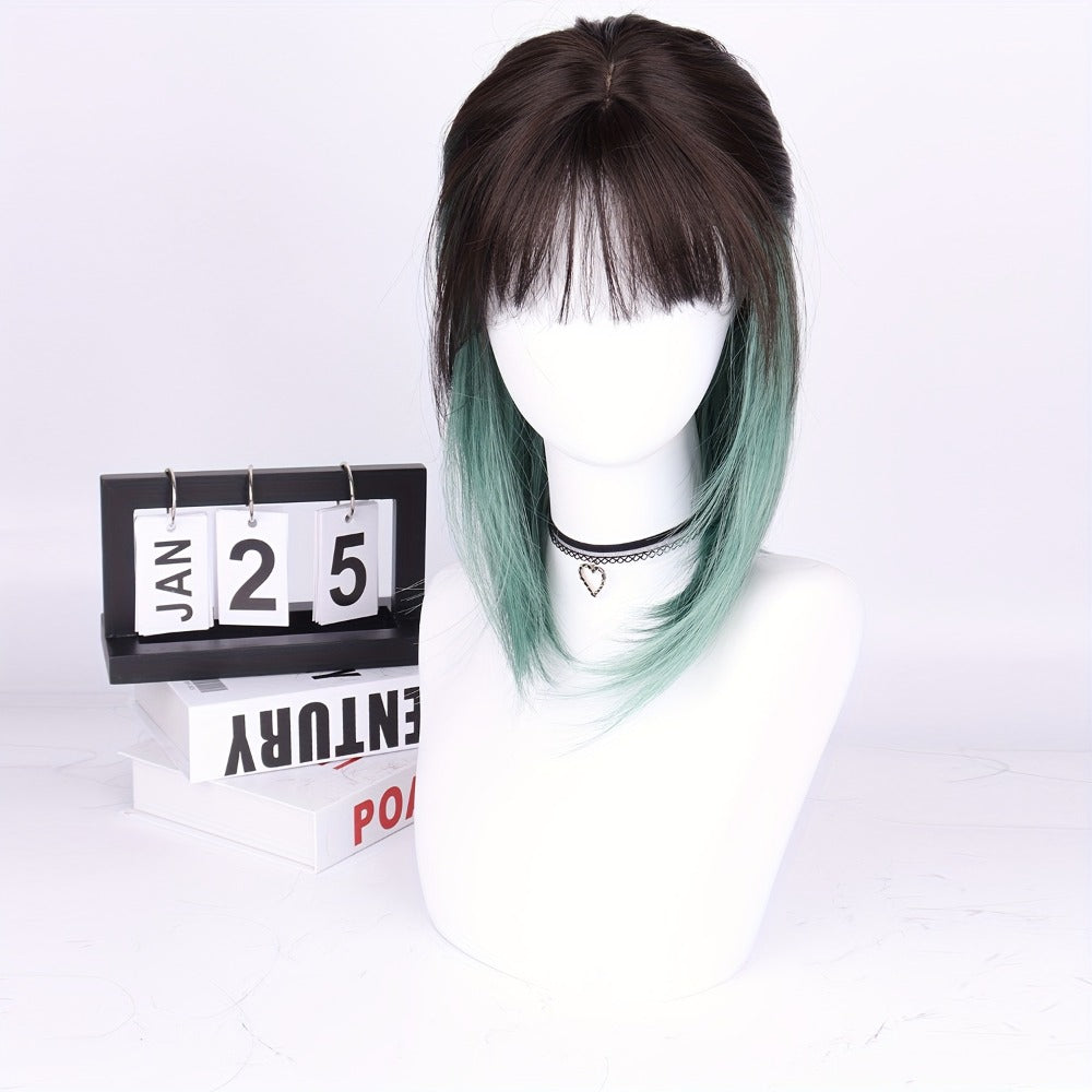 Ombre Synthetic Bob Wig with Bangs 150% Density 16 Inch Short Straight Rose Net Cap | Brown Black Wine Red Pink Green | Halloween Cosplay Party Music Festival - product image 2
